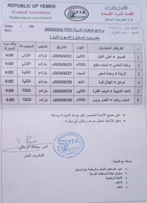 اتحاد قدم الساحل يصدر جدول مواجهات التصفيات التمهيدية لأندية الدرجة الثالثة