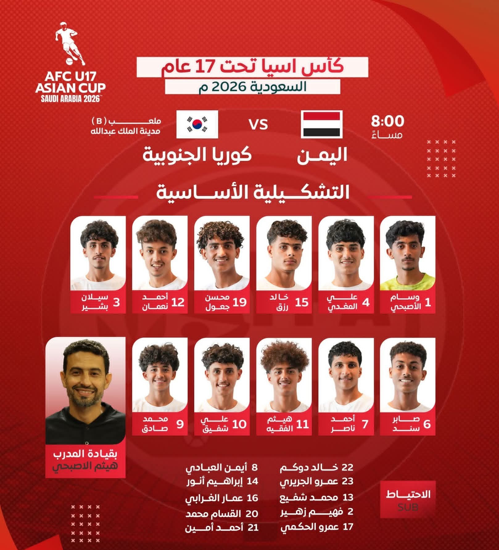 تشكيلة منتخب الناشئين في المباراة الحاسمة أمام كوريا الجنوبية ضمن الجولة الثالثة لكأس آسيا