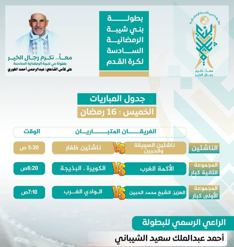 صباح غد الخميس ..  الحسابات تشعل المنافسة في الجولة الثالثة من بطولة بني شيبة الرمضانية السادسة .