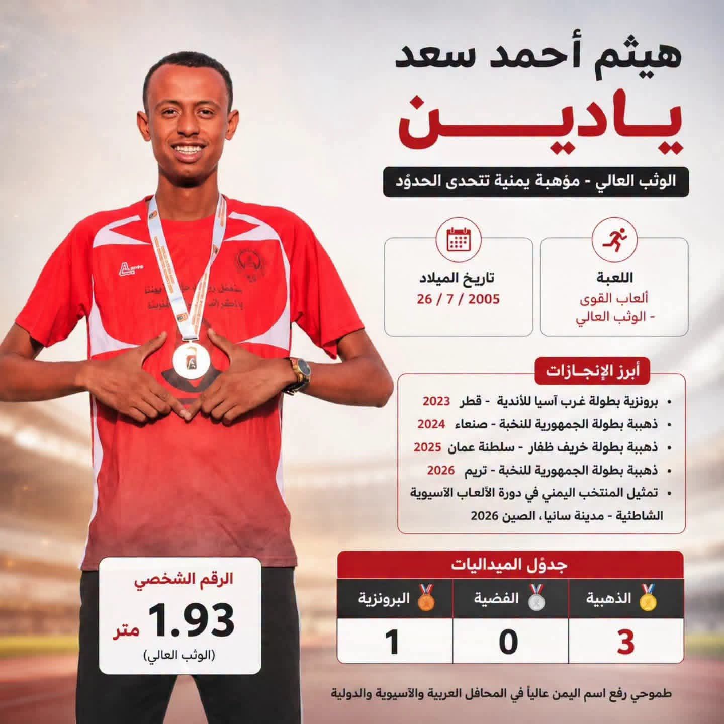 لاعب نادي الوحدة بتريم هيثم يادين... بطل يمني يواصل التحليق في الوثب العالي