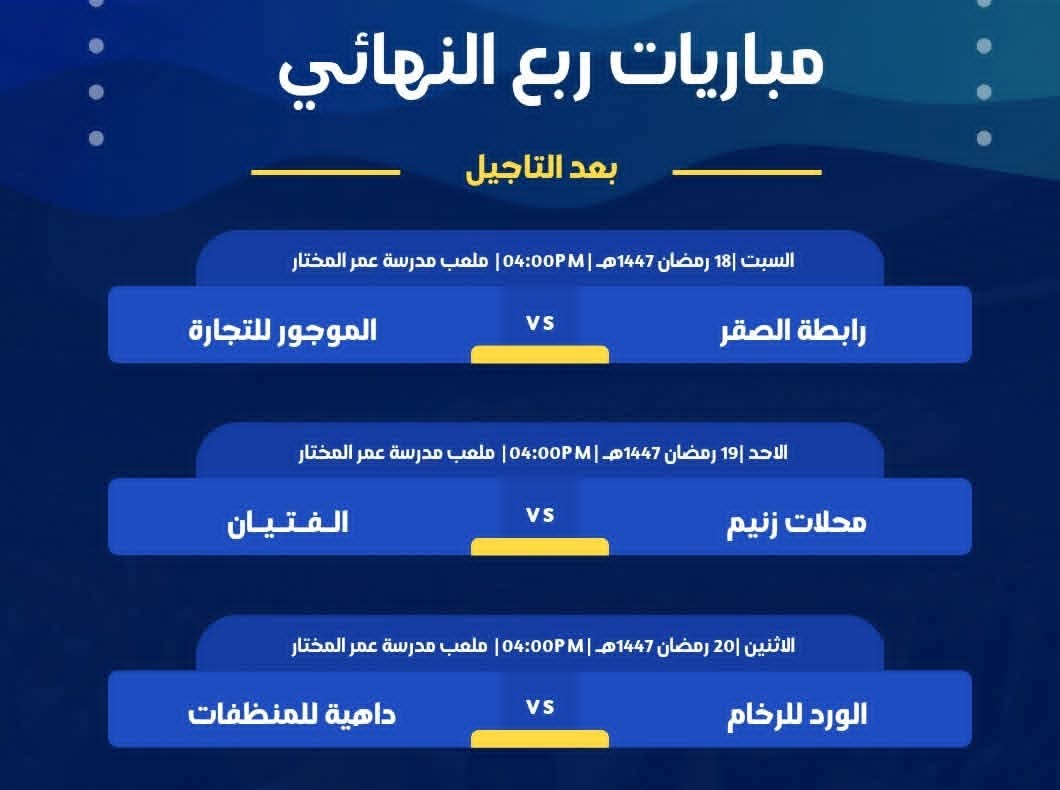 تأجيل لقاء الرابطة والموجور للتجارة إلى عصر السبت .. تعرف على المواعيد الجديدة لصدامات ربع النهائي في "هلال 9"!