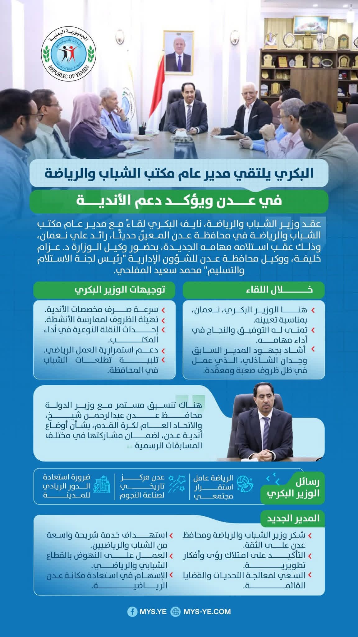 البكري يلتقي مدير عام مكتب الشباب والرياضة في عدن ويؤكد دعم الأندية