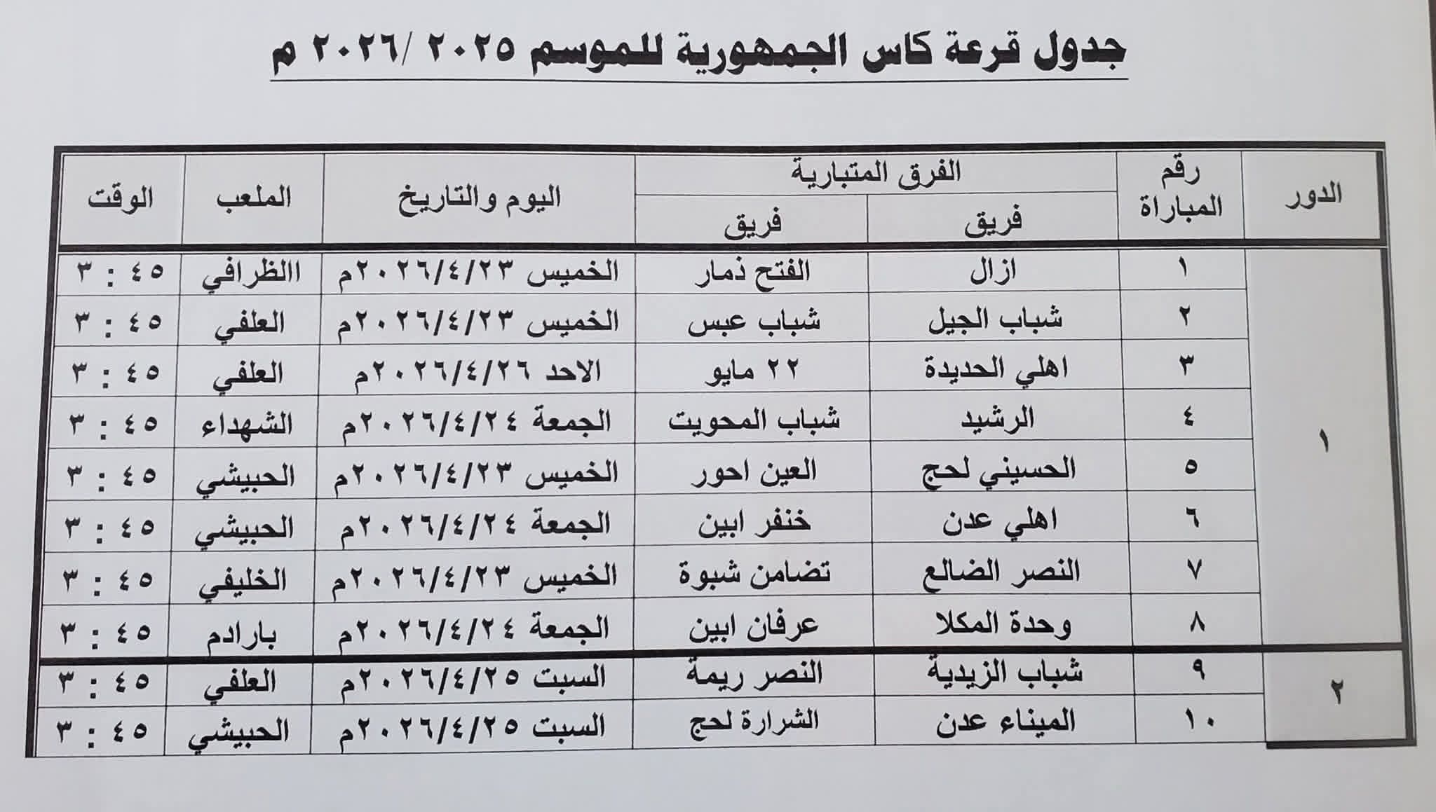 مباريات الجولة الأولى لكأس الجمهورية