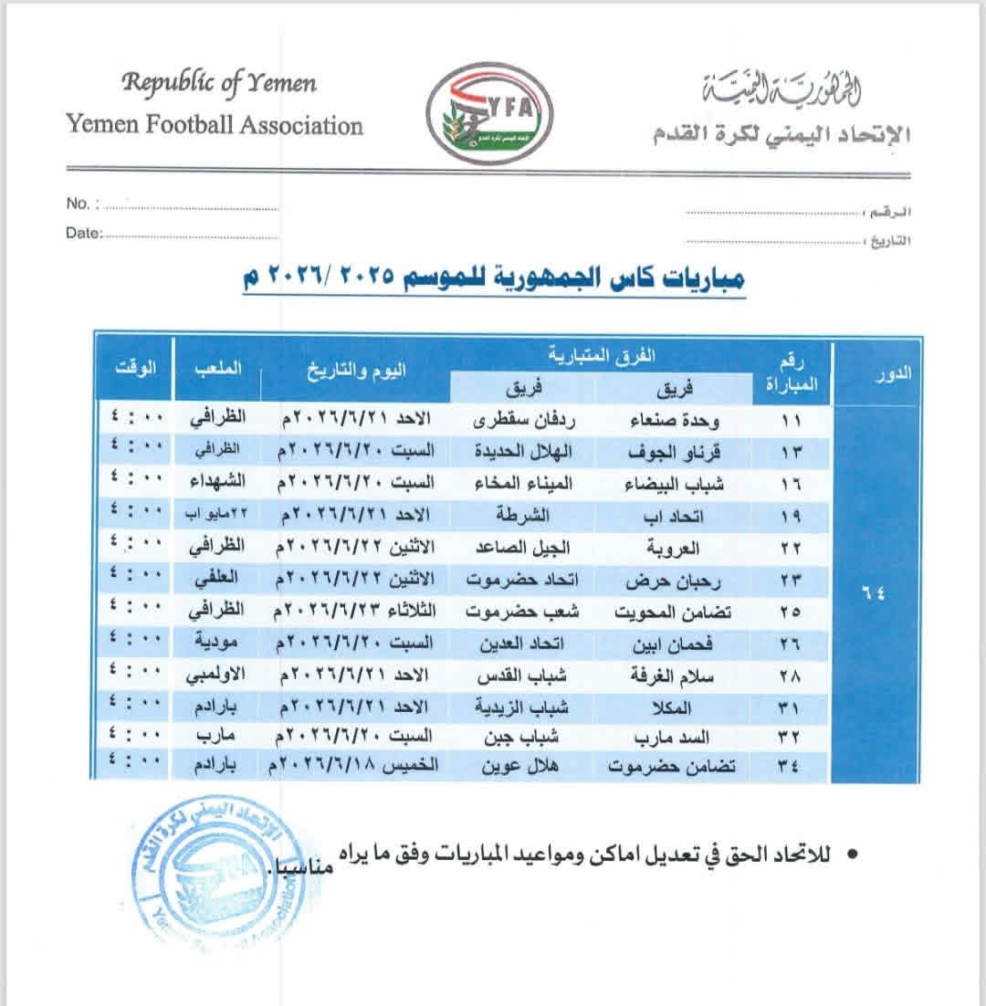 إقرار مواعيد المباريات المتبقية من الدور التمهيدي لكأس الجمهورية