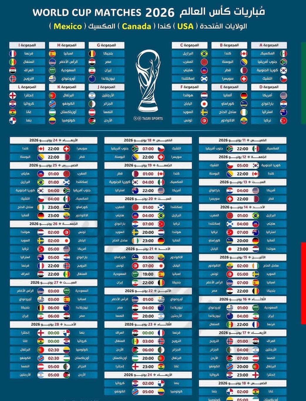 جدول مواعيد مباريات كاس العالم والمجموعات. 🔥