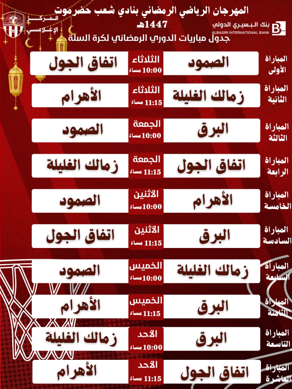 ضمن فعاليات المهرجان الرياضي الرمضاني في نادي شعب حضرموت....غد" انطلاق البطولة الرمضانية لكرة السلة .