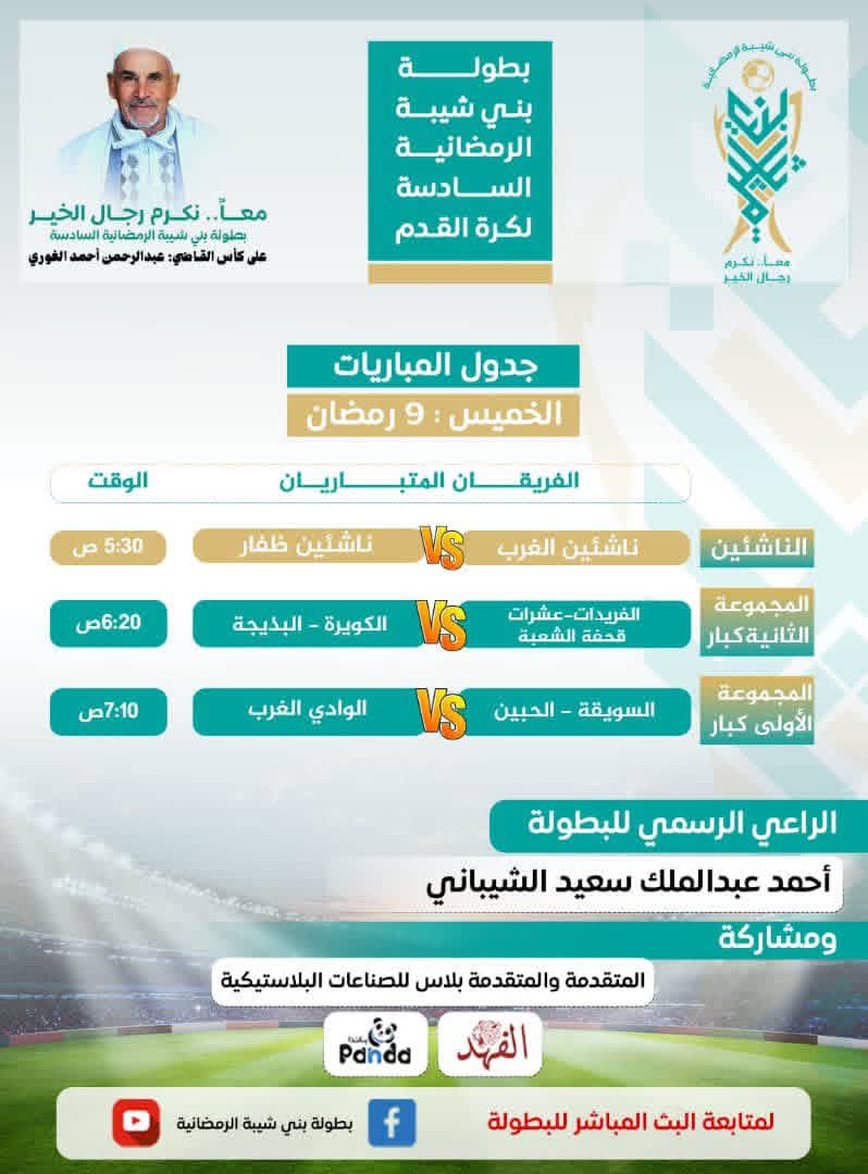 بطولة بني شيبة الرمضانية السادسة:   نهائي مبكر بين "الفريدات" و"الكويرة".. وحامل اللقب في مهمة "تأكيد الجدارة" وصراع "رد الاعتبار" يشعل فئة الناشئين