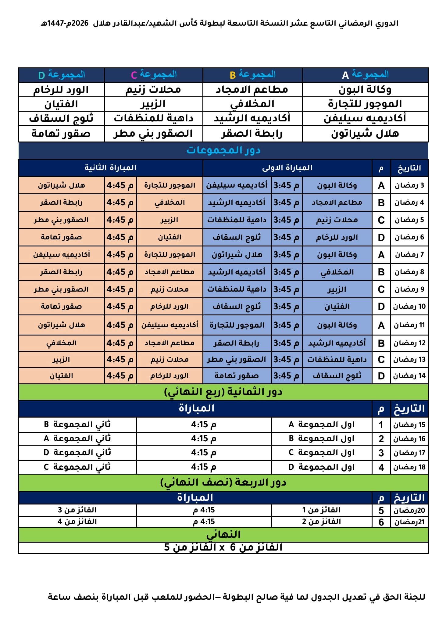 جدول دوري بطولة عبدالقادر هلال الرمضانية