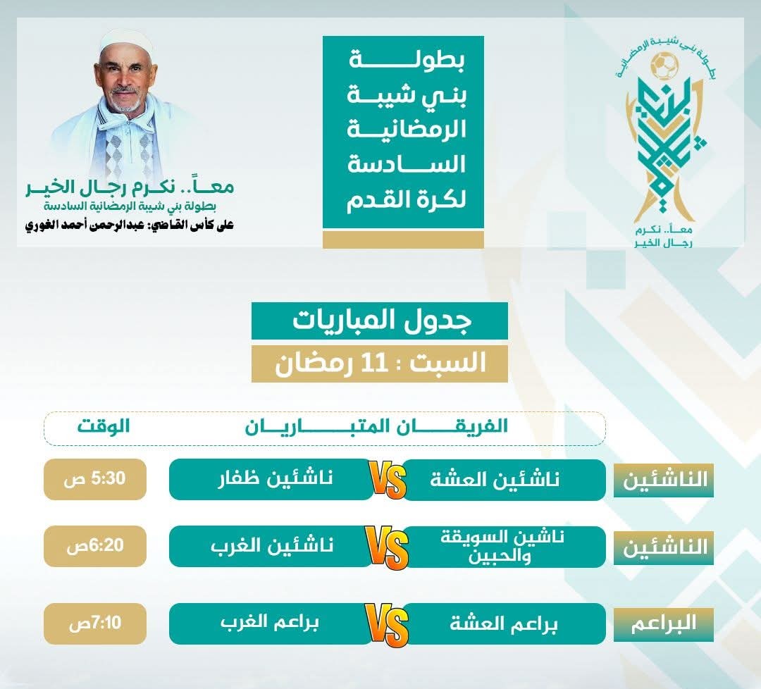 اليوم السبت " الناشئين والبراعم " يشعلون منافسات بطولة بني شيبة الرمضانية السادسة