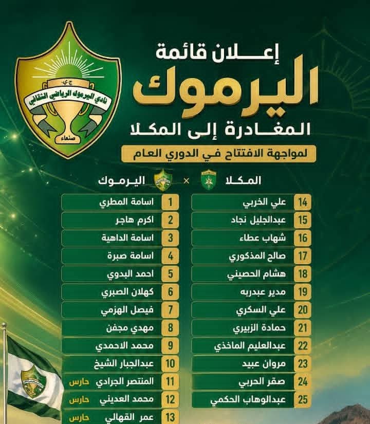 قائمة يرموك الروضة المغادرة إلى المكلا  لخوض مواجهة افتتاح الدوري العام لأندية الدرجة الأولى .