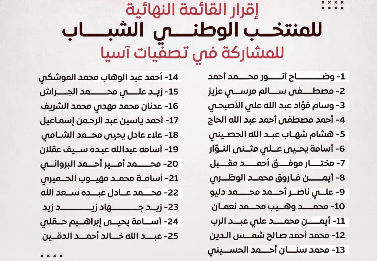 القائمة النهائية للمنتخب الوطني للشباب استعدادا للمشاركة في تصفيات آسيا