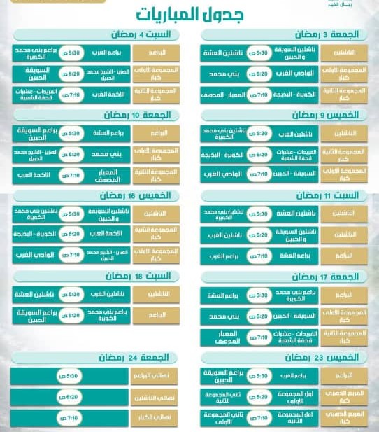 تحت شعار معاً نكرم رجال الخير اليوم انطلاق بطولة بني شيبة الرمضانية السادسة لكرة القدم . .